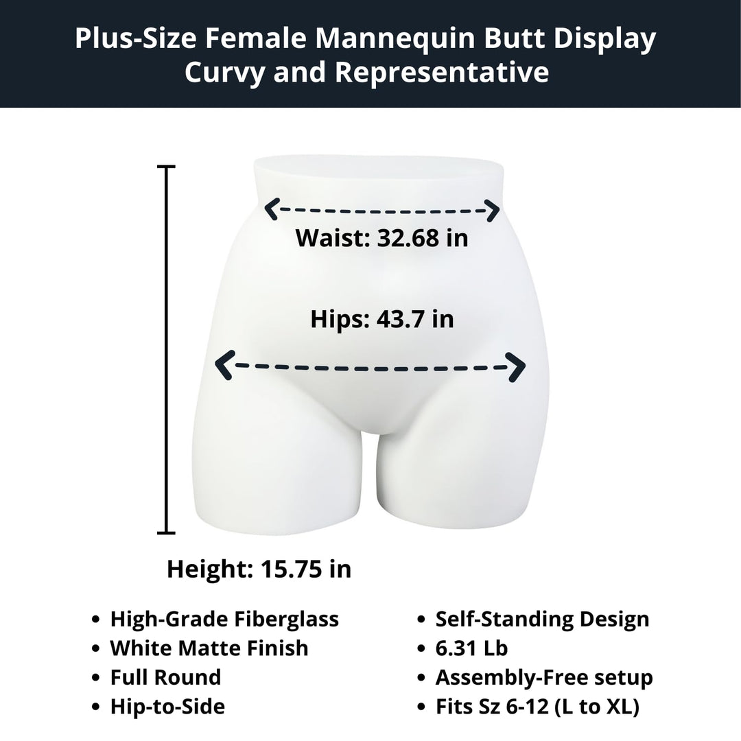 Plus Size Female Full Round Butt Mannequin Display for Countertop, 33" Waist, 44" Hip, Fiberglass, Matte White