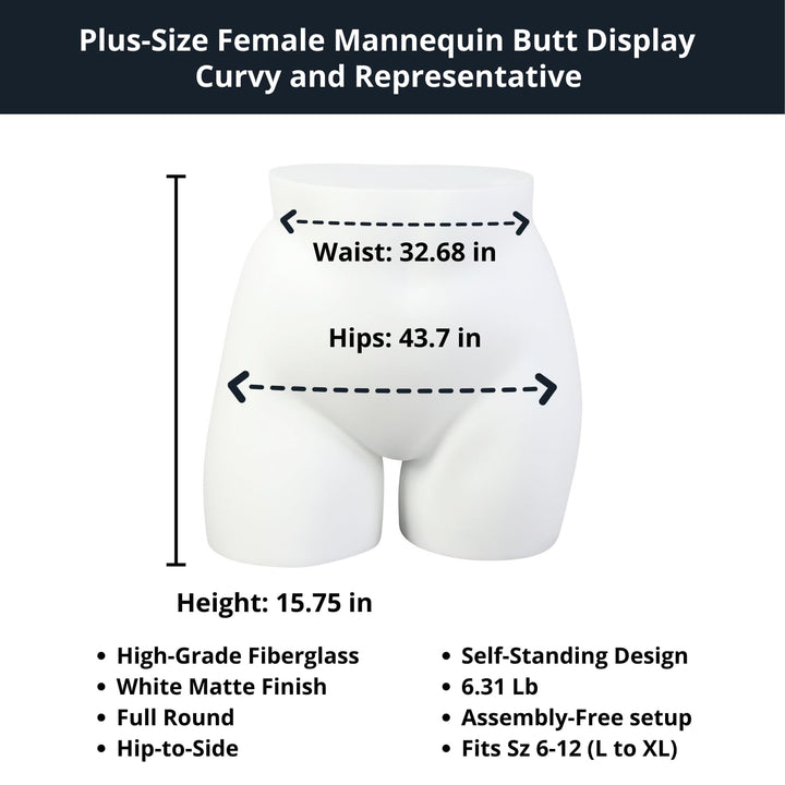 Plus Size Female Full Round Butt Mannequin Display for Countertop, 33" Waist, 44" Hip, Fiberglass, Matte White