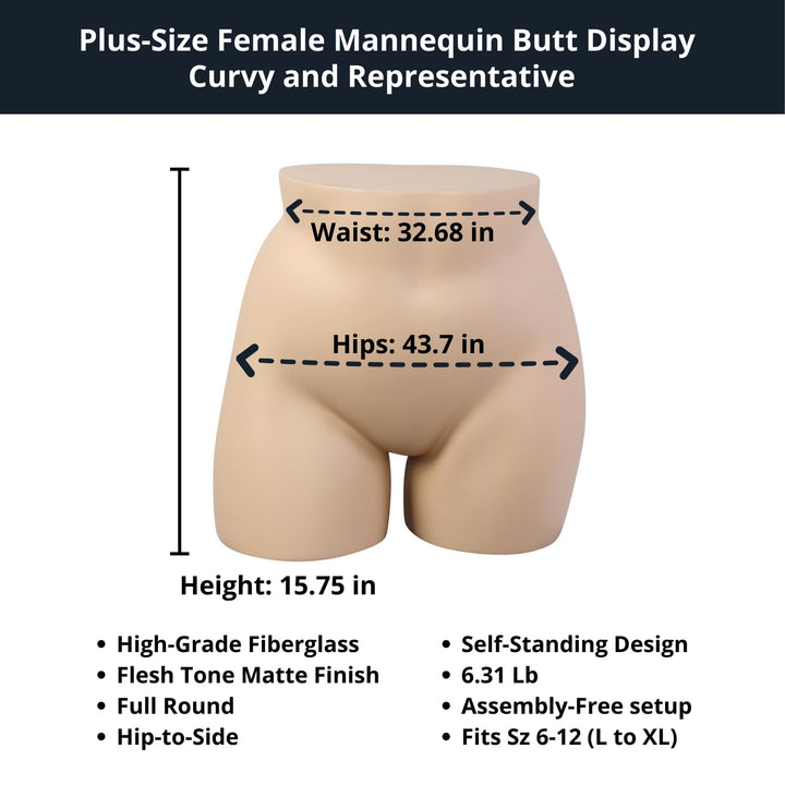 Plus Size Female Full Round Butt Mannequin Display for Countertop, 33" Waist, 44" Hip, Fiberglass, Flesh-Tone